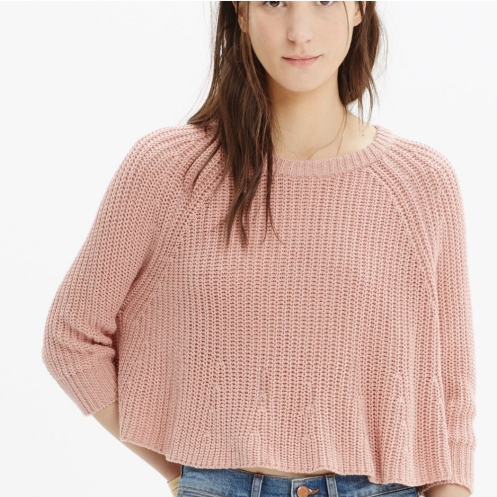 Madewell Blush Pink Linen Cotton Blend Crop Swing Cable Knit Sweater
